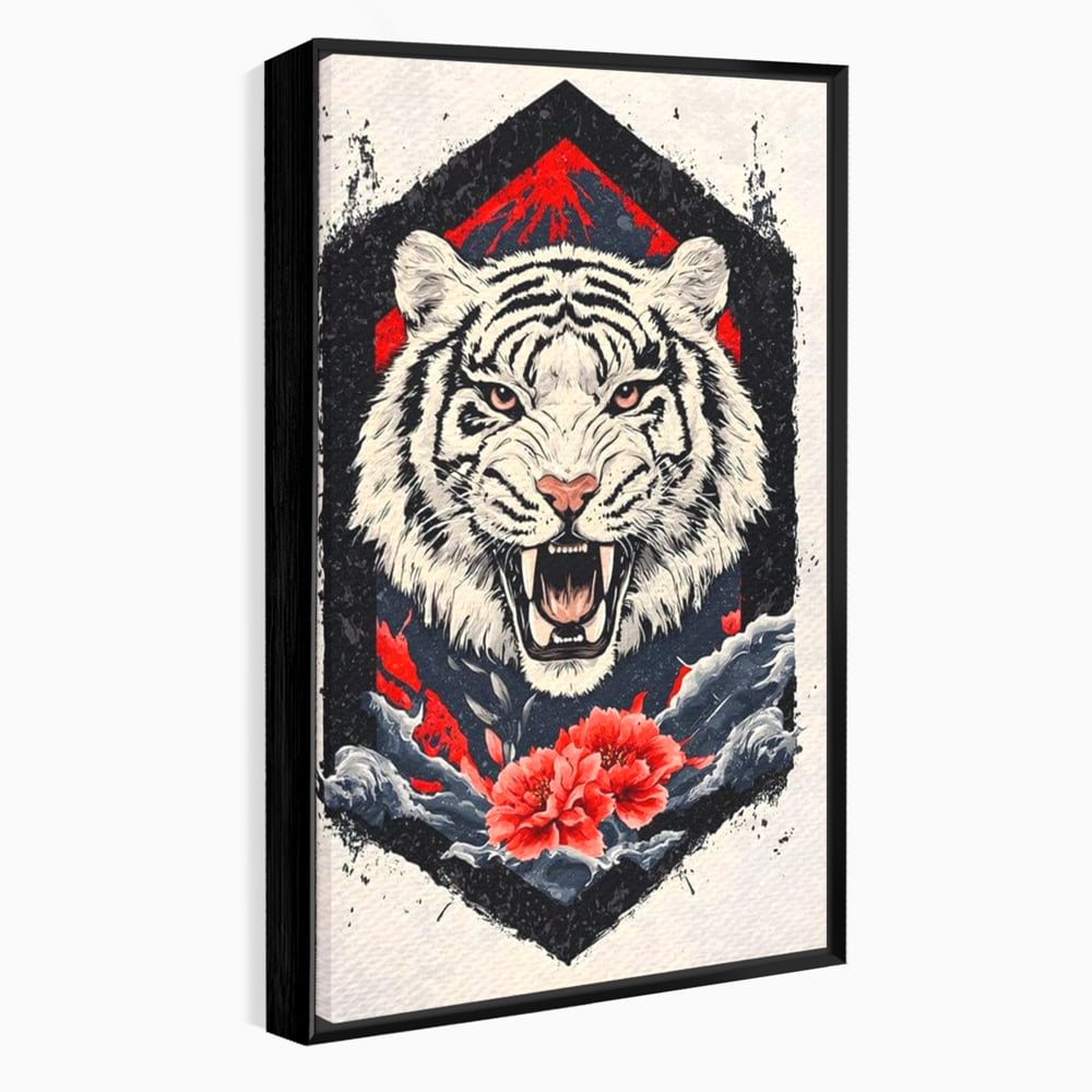 Tablou canvas cu tablou canvas cu tigru alb si flori rosii, in rama de aluminiu negru
